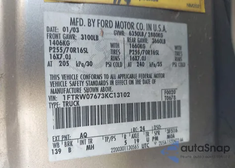 2003 Ford F150 Lariat/Xlt from USA, damaged, VIN 1FTRW07673KC13102
